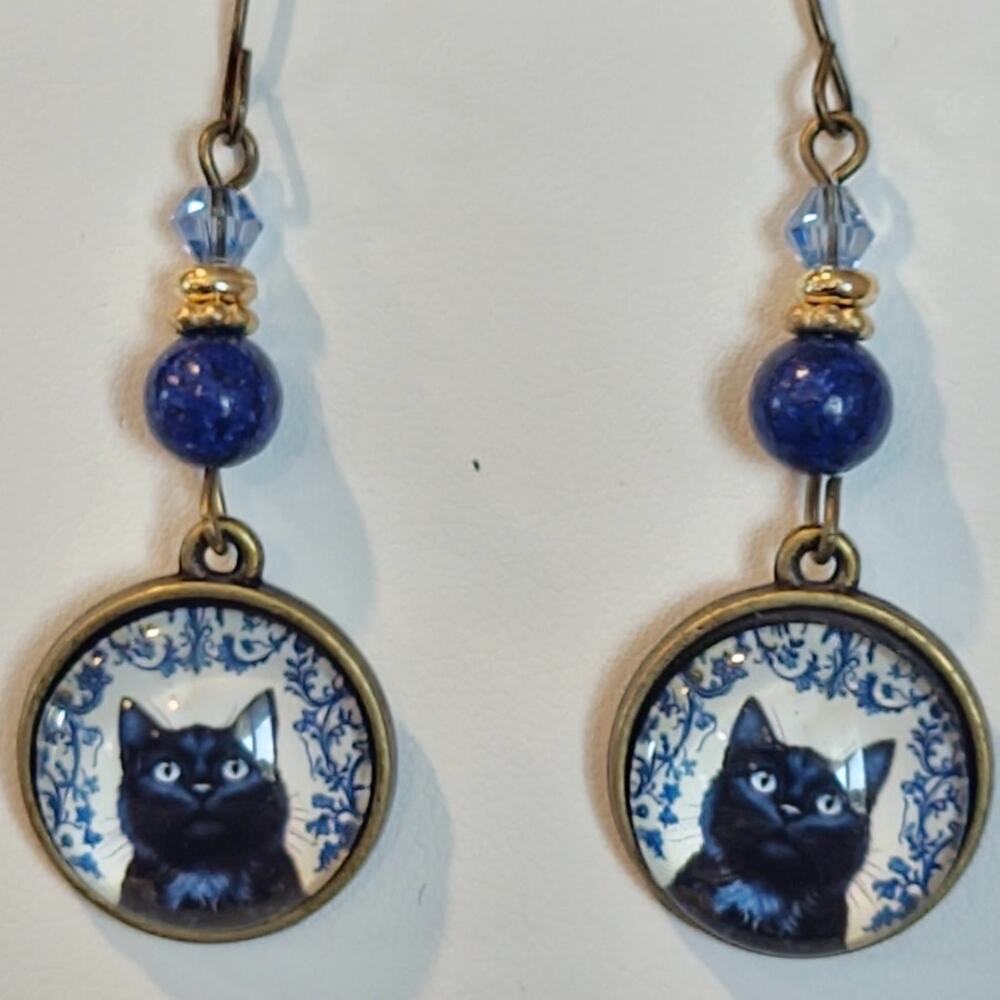 Black Cat Cabochon Earrings Blue & White Floral Background Blue and Gold Beads